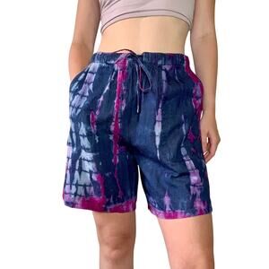 Vintage 1990s Tie Dye Drawstring Shorts Blue Purple Cotton Reworked Size M